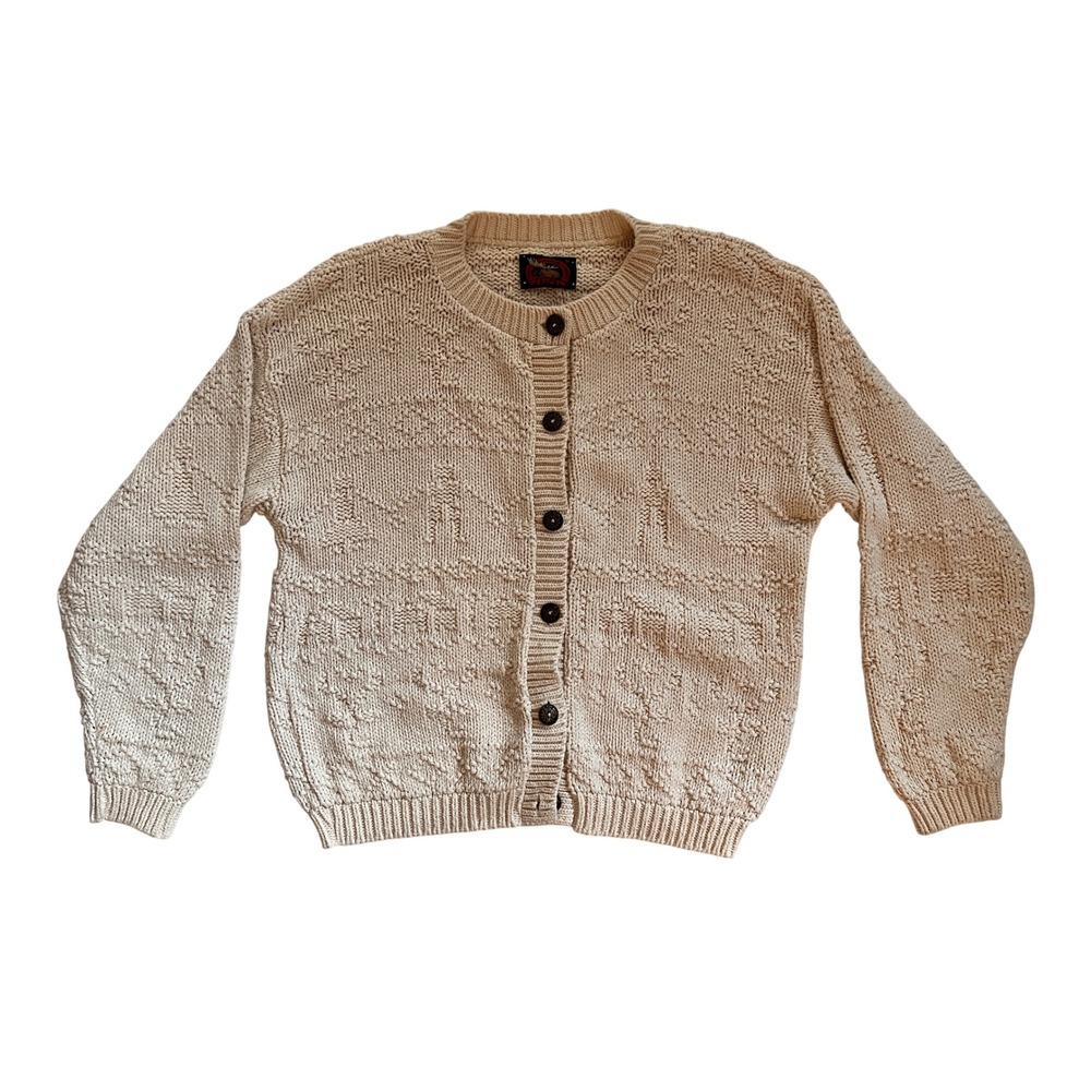 Vintage Alps Cotton Cardigan Sweater Cream Textured Knit Made in USA Womens M